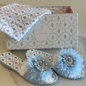 Hill House Light Blue Feathered Slippers with Rhinestones